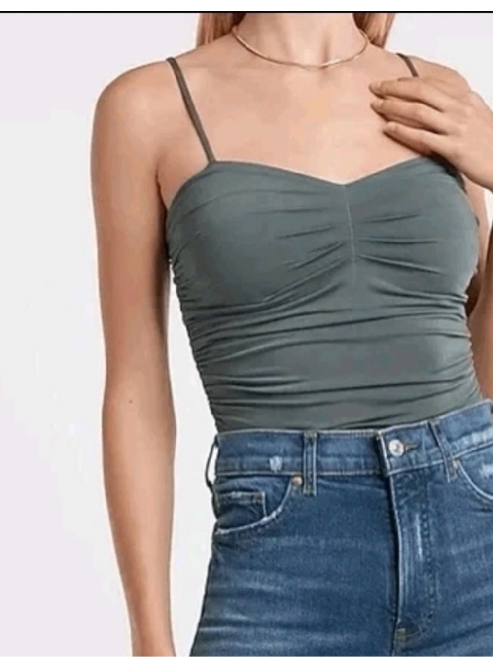 Express Olive Green Ruched Spaghetti Strap Bodysuit